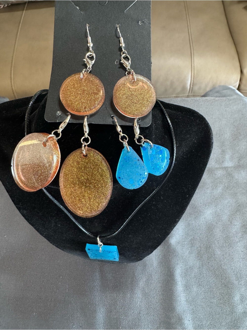 Handmade Gold and Blue Resin Pendant Necklace and Earring Set